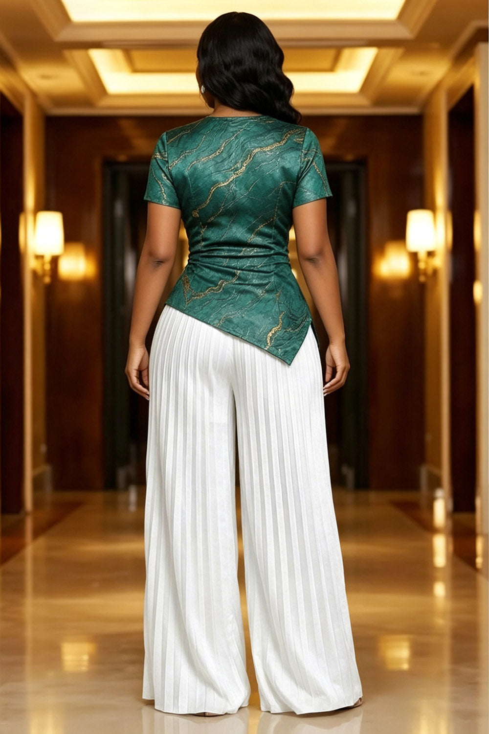 Round Neck Jacquard Top Wide Leg Pants Gowns 2pcs Set-Green