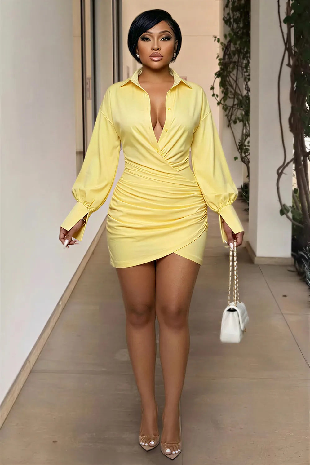 Ruched V Neck Lantern Sleeve Bodycon Casual Mini Dresses-Yellow
