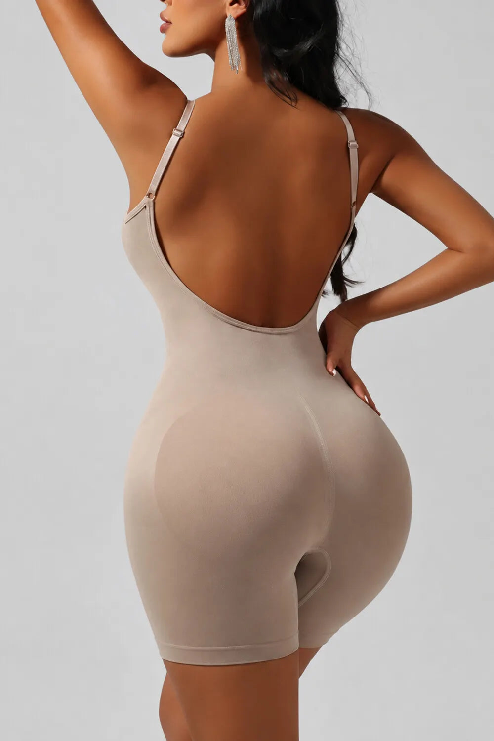 Solid Color Cami V Neck Backless Slim Fit Shapewear Romper-Black