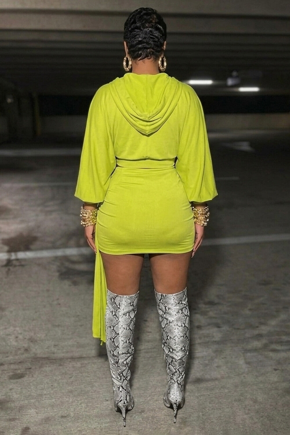 Deep V Neck Hooded Top Side Sash Mini Skirt Casual 2pcs Set-Green
