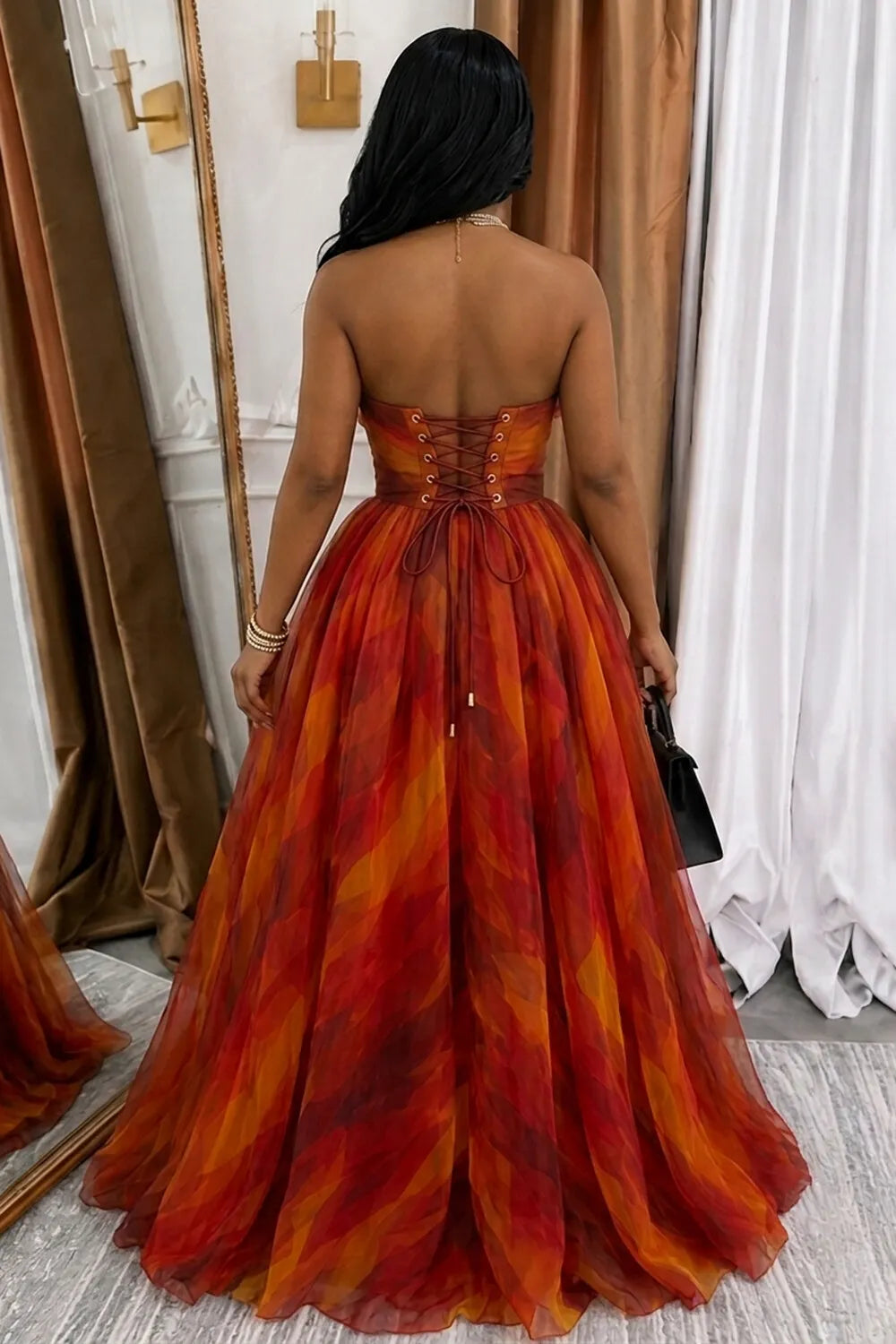 Ombre 3D Floral Strapless Cinch Waist A-Line Maxi Dresses-Orange