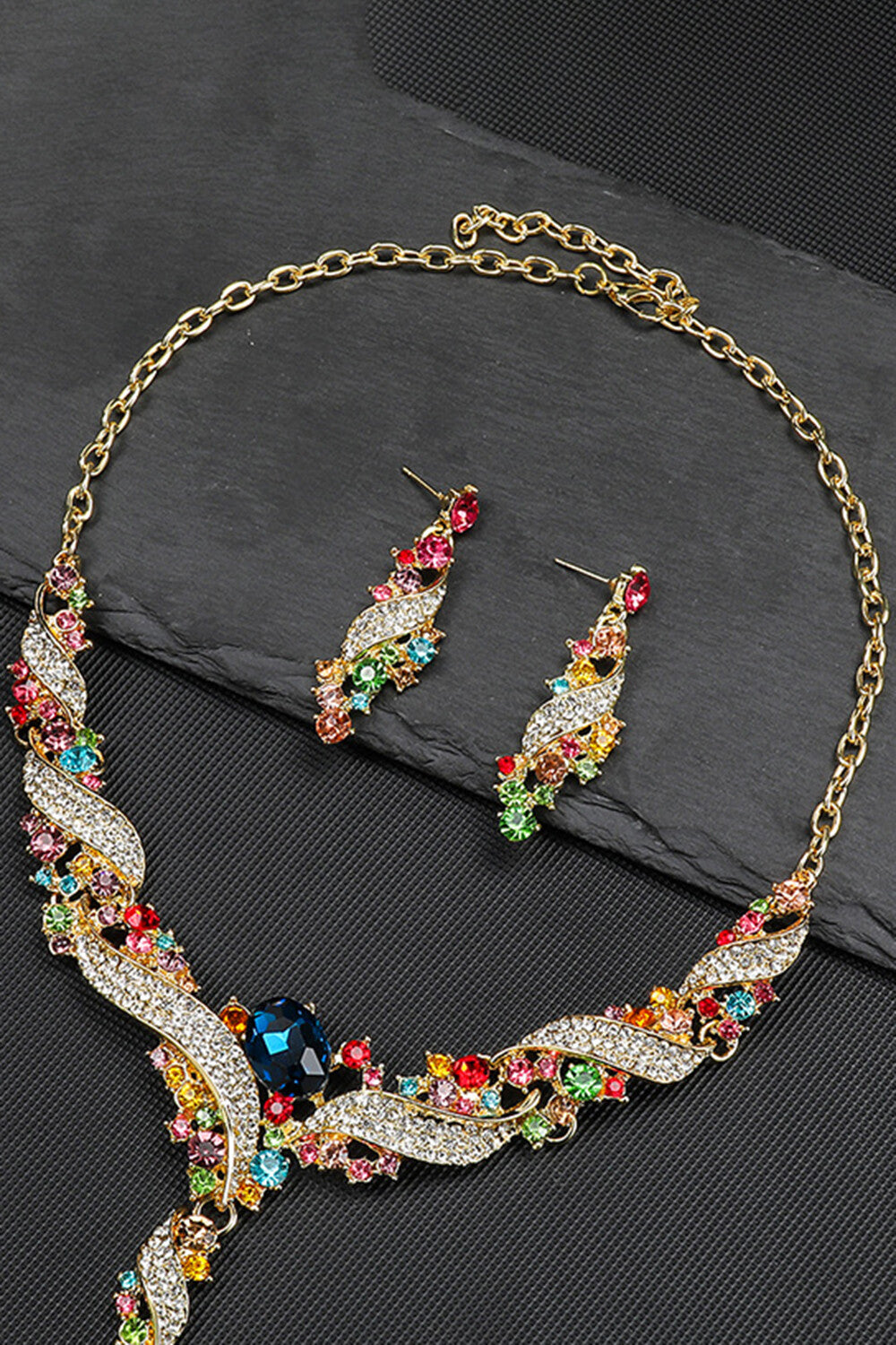 Vintage Inlaid Rhinestones Necklace Dangle Earrings Jewelry Set