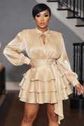 Ruched Lantern Sleeve Sash Ruffle Hem Mini Dresses-Champagne