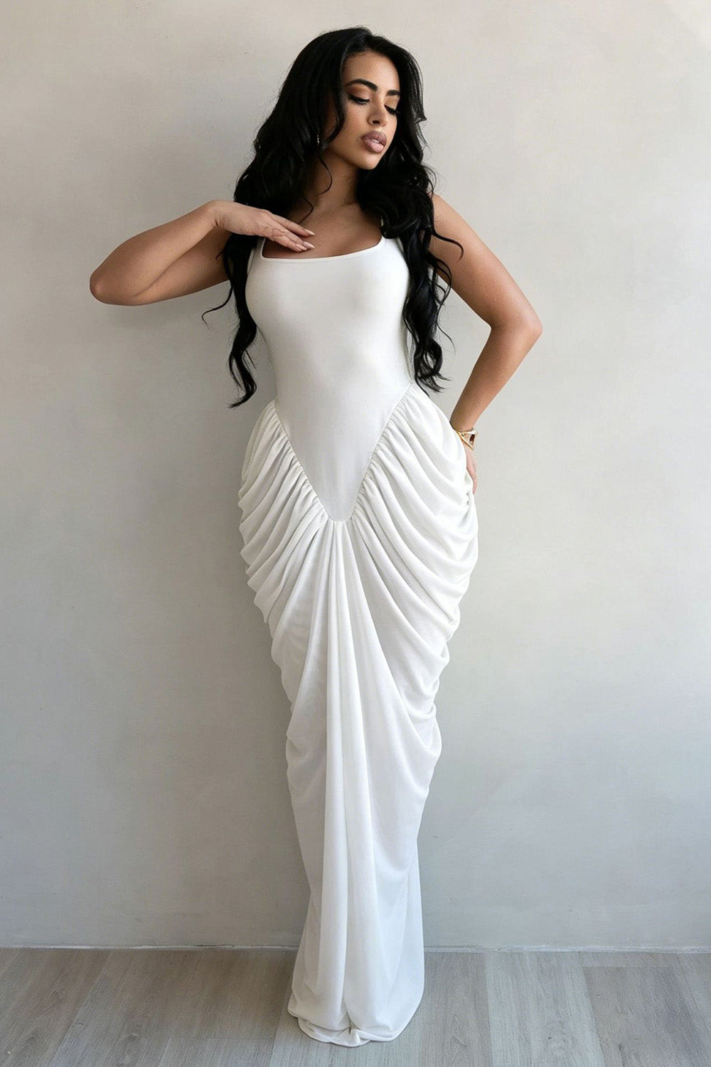 Square Neck Wide Strap Cinched Waist Ruched Bodycon Gowns Maxi Dresses-Yellow