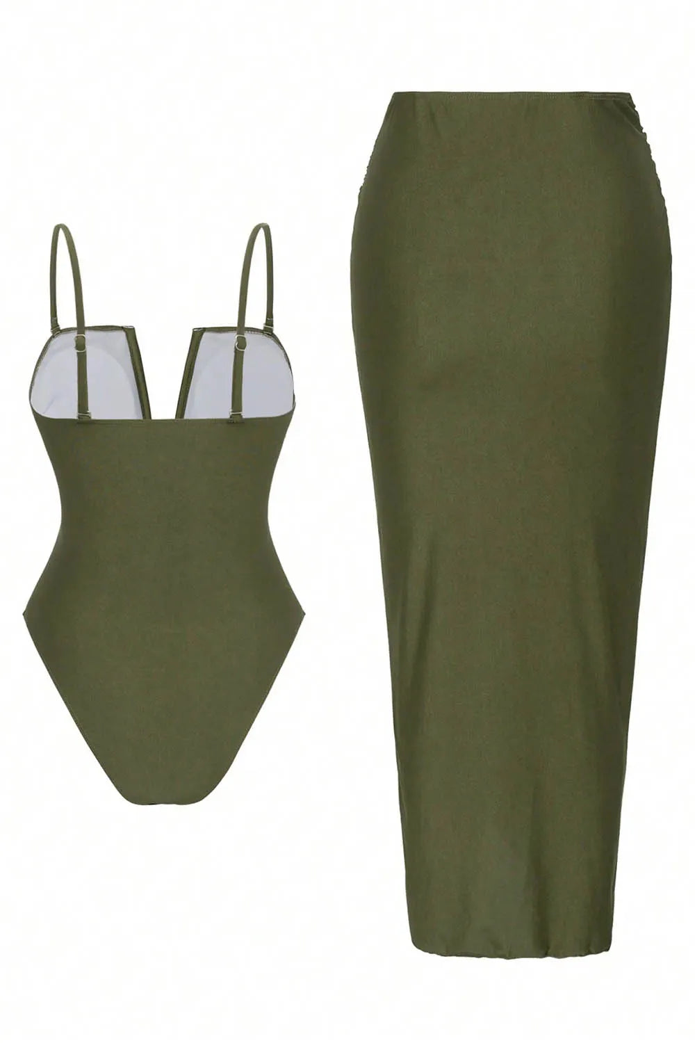 Cami V Cut One-Piece Swimsuit Twisted Slit Maxi Skirt Two Piece Set-Green