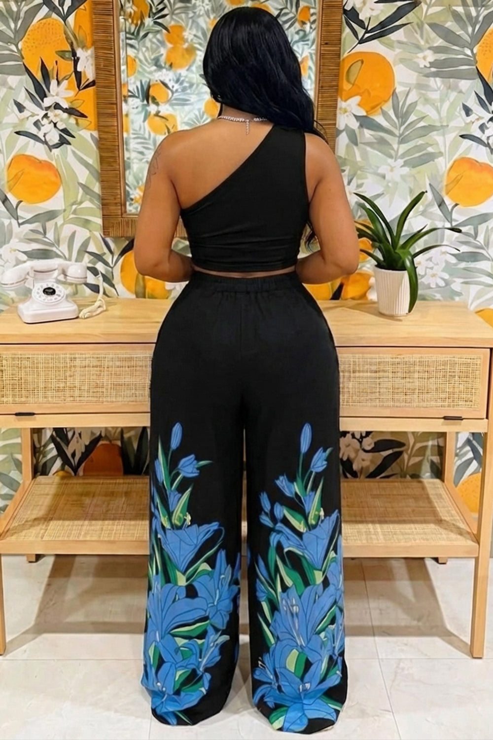 One Shoulder Sleeveless Top Wide Leg Pants Casual 2pcs Set-Black