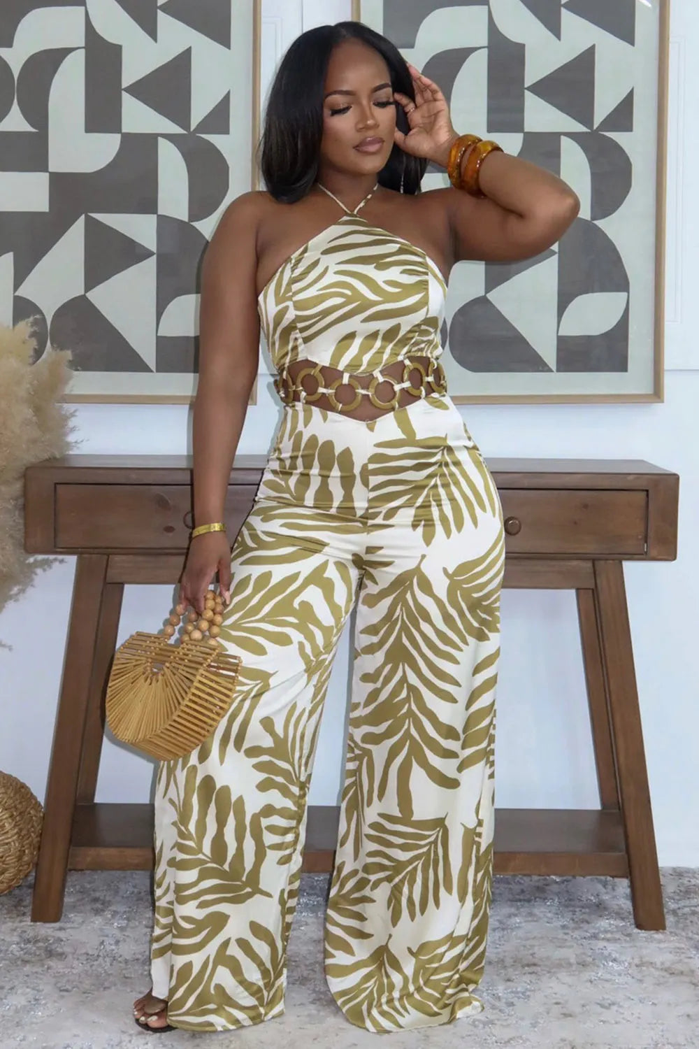 Halter Hollow Out Leaf Print Wide Leg Vacation Jumpsuit-Gold