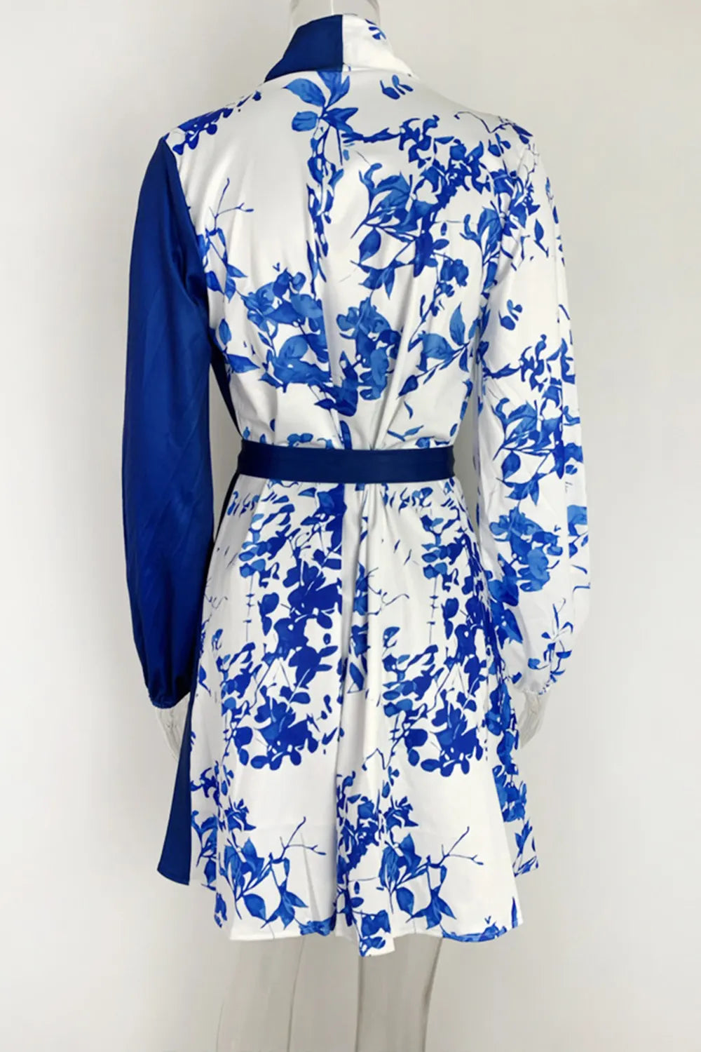 Shawl Lapel Long Sleeve Colorblock Flower Print Wrapped Mini Dresses-White