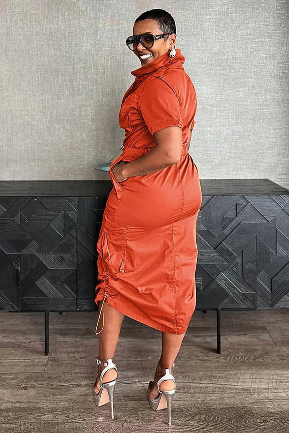Stand Collar Zipper Drawstring Waist Pocket Midi Dresses-Green