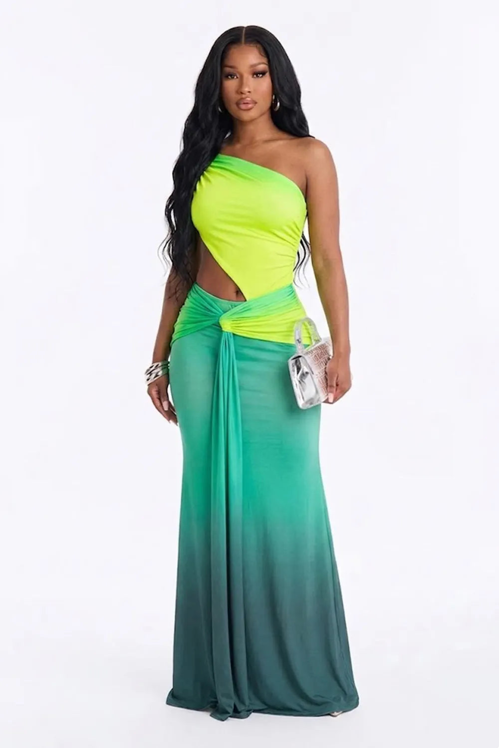 Gradient Color One Shoulder Side Cut Out Mermaid Vacation Maxi Dresses-Green