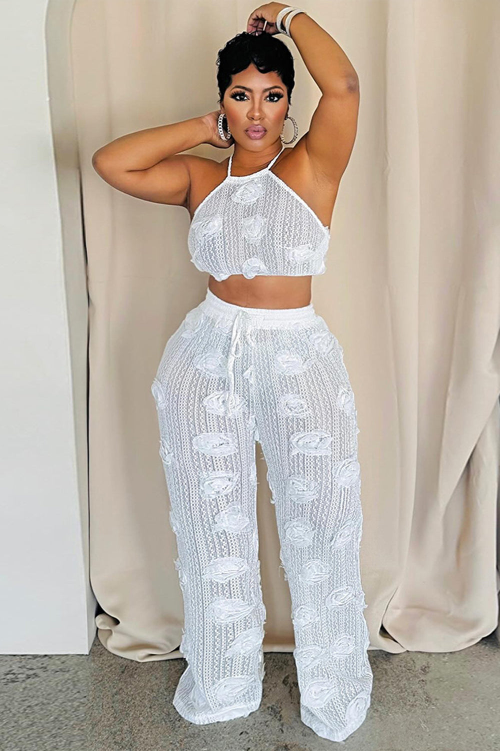 3D Flower Halter Backless Crop Top Wide Leg Pants Knit Casual 2pcs Set-White