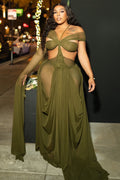 Mesh Ruched Sash Sleeve Semi-Sheer Party Maxi Dresses-Olive