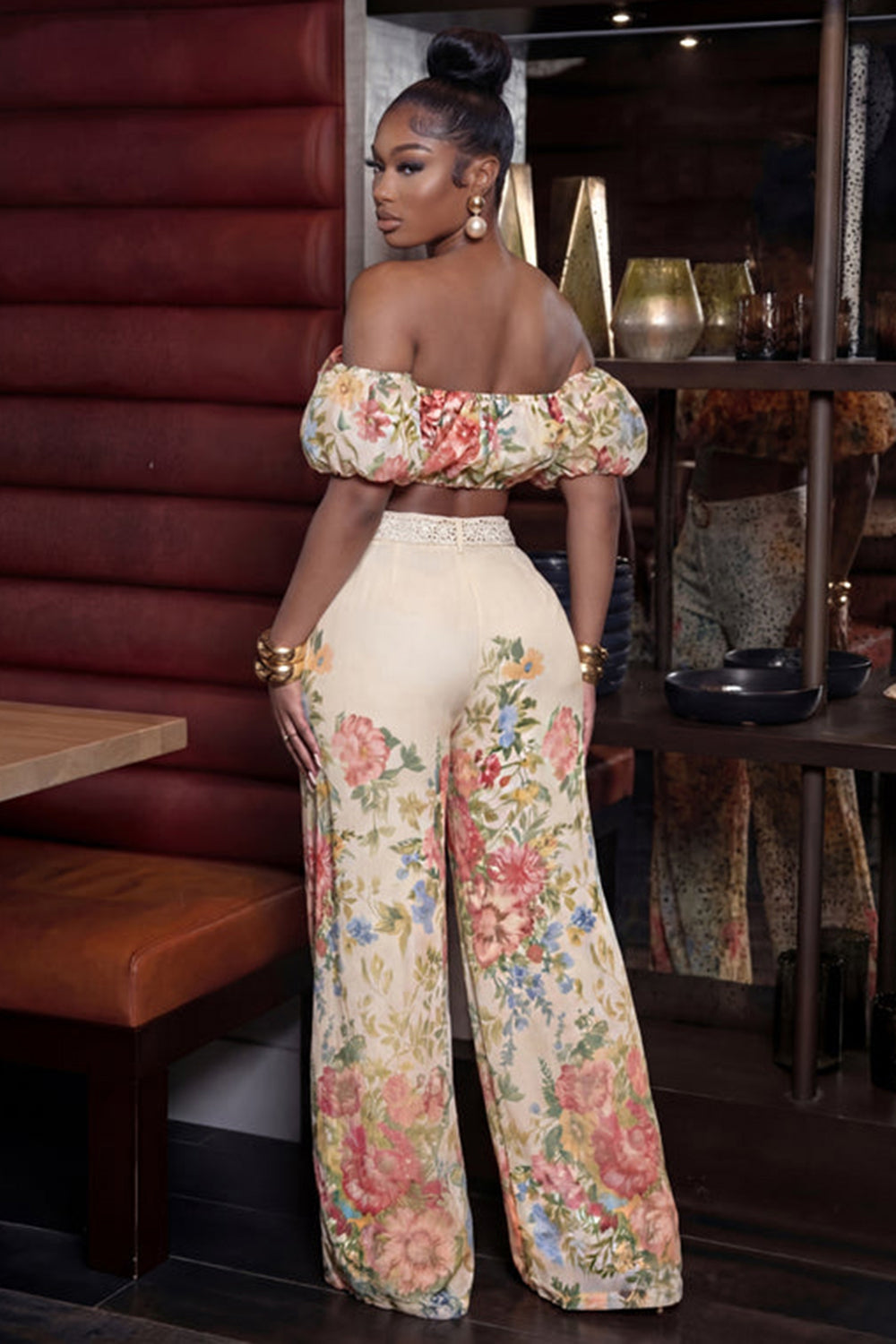 Floral Off Shoulder Crop Top Wide Leg Pants Casual 2pcs Set-Beige