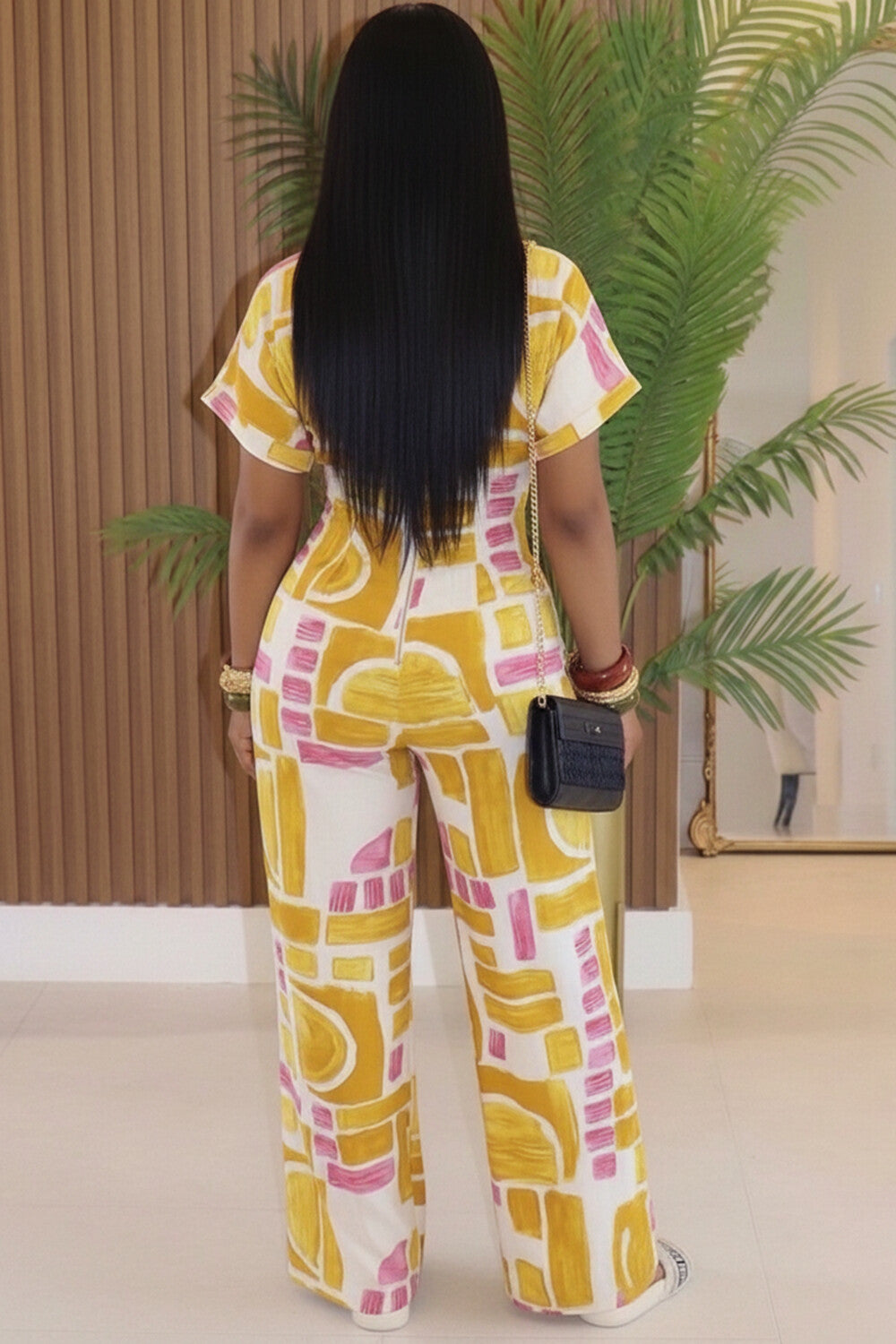 Round Neck V Cut Graffiti Geometric Wide Leg Jumpsuit-Yellow