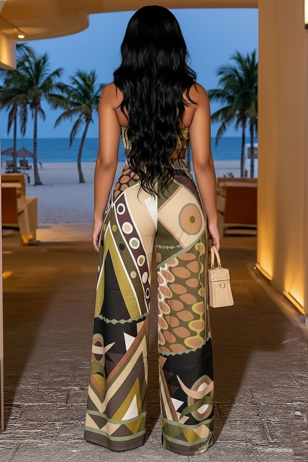 Boho Print Halter Neck Top Wide Leg Pants 2pcs Set