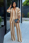 Striped Crochet  Collar Shirt Pants 2pcs Set-Khaki