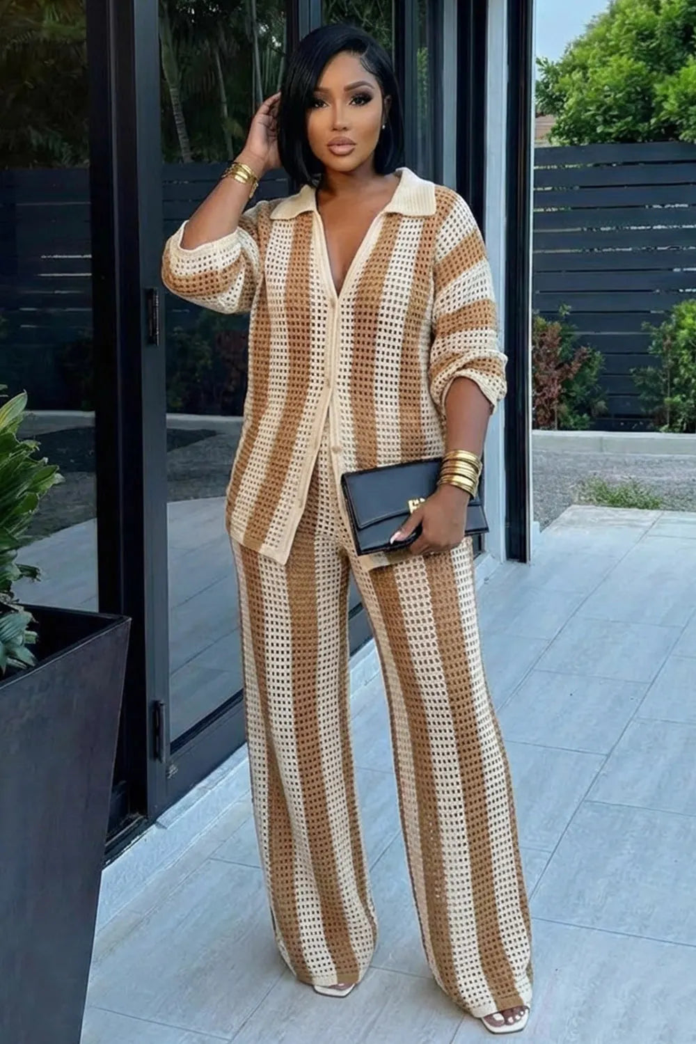 Striped Crochet  Collar Shirt Pants 2pcs Set-Khaki