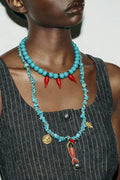 Stacked Turquoise Beaded Chili Fish Pendant Double-Layer Necklace