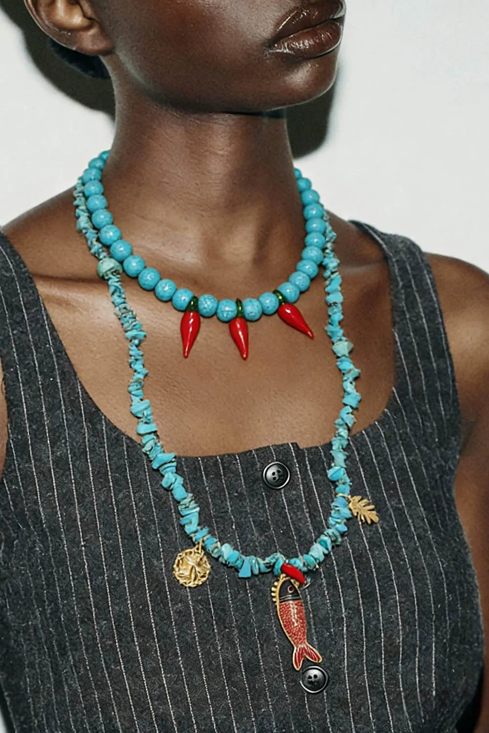 Stacked Turquoise Beaded Chili Fish Pendant Double-Layer Necklace