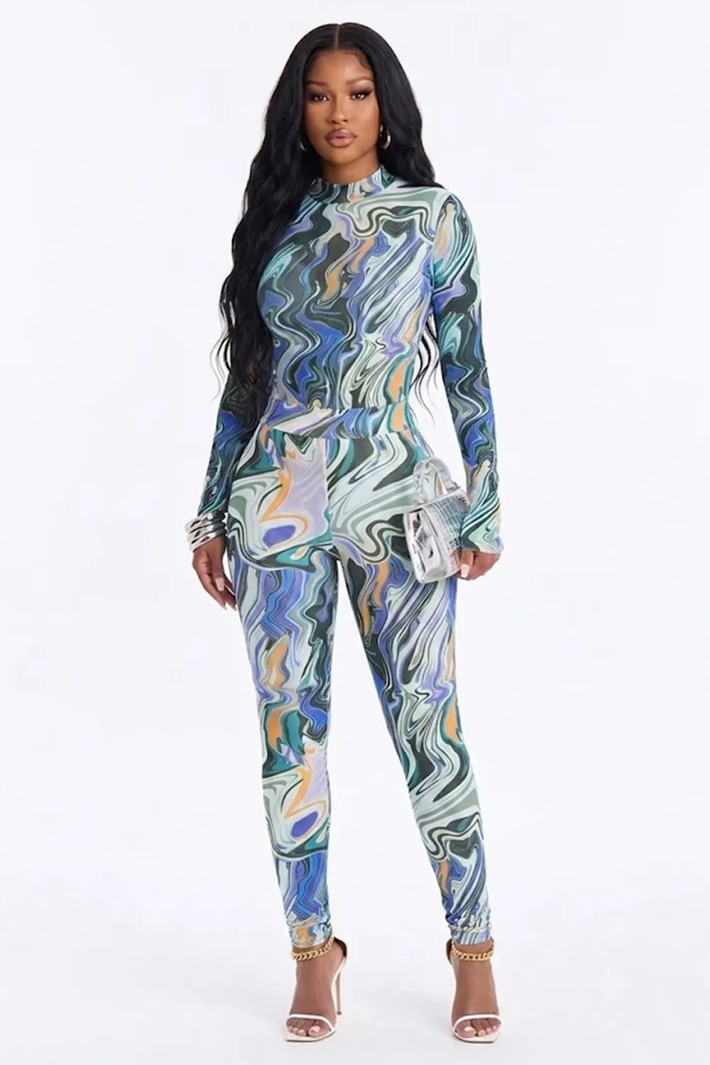 All Over Print Round Neck Long Sleeve Bodysuit Slim Fit Pants 2pcs Set-Blue