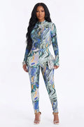 All Over Print Round Neck Long Sleeve Bodysuit Slim Fit Pants 2pcs Set-Blue