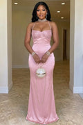 Halter Neck Sequin Backless Lace-Up Bodycon Evening Gowns Maxi Dresses-Pink