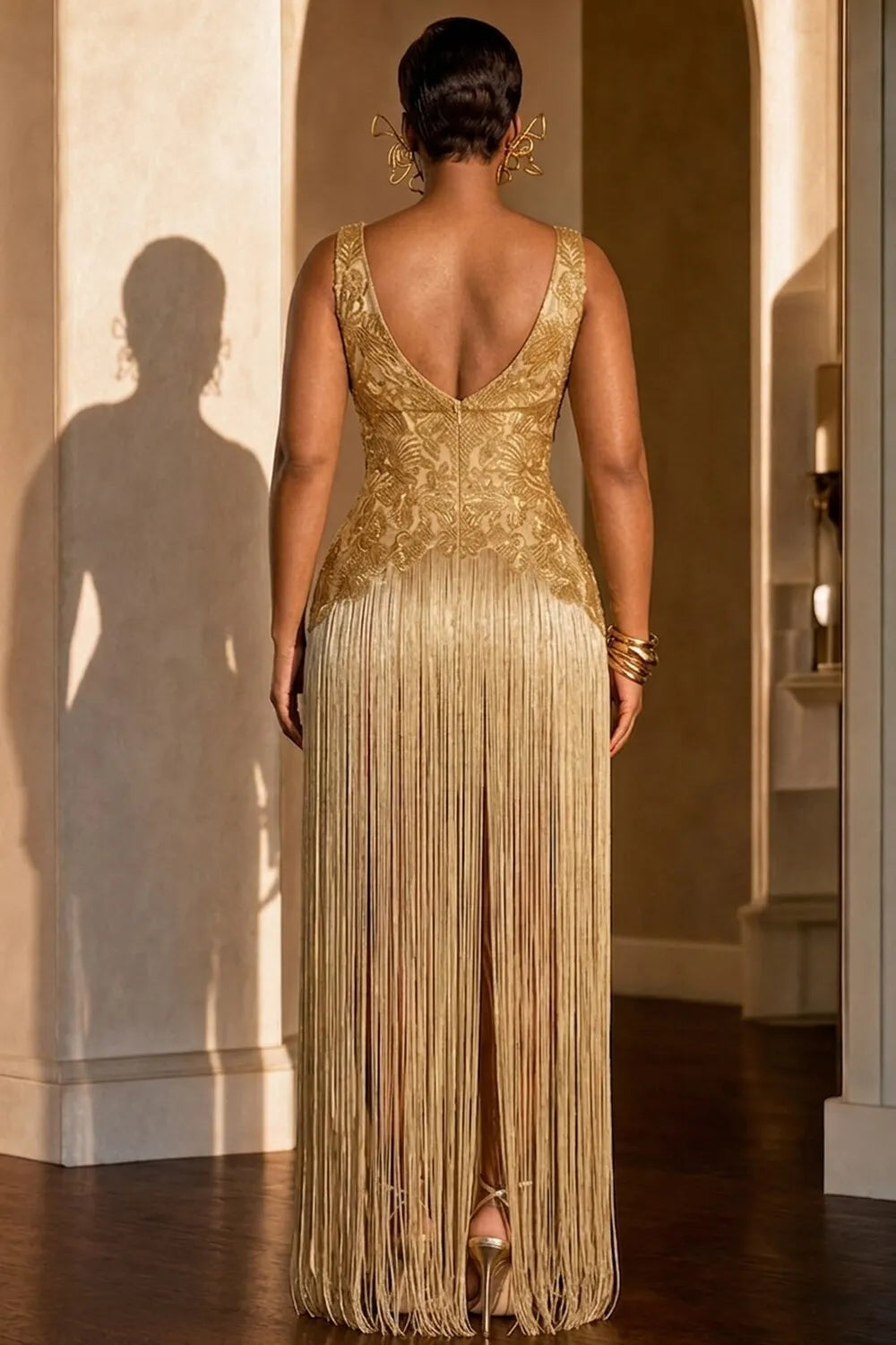 V Neck Jacquard Backless Long Fringe Hem Party Maxi Dresses-Gold