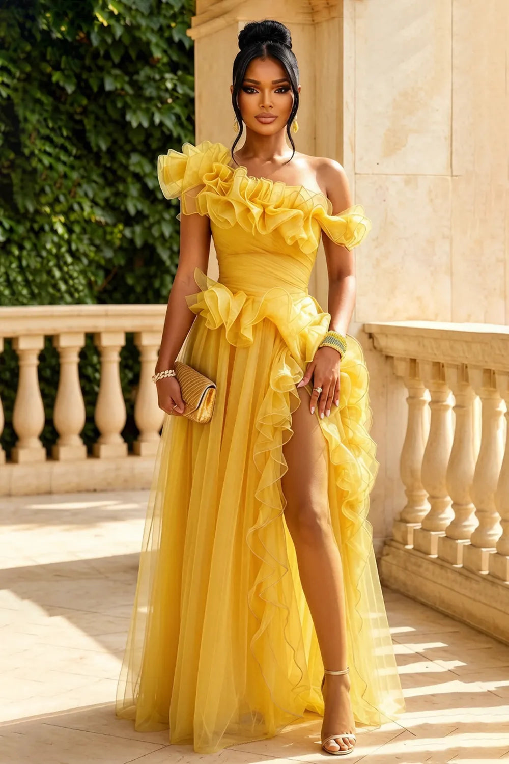 Frilled Trim One Shoulder High Slit Gowns Maxi Dresses-Yellow