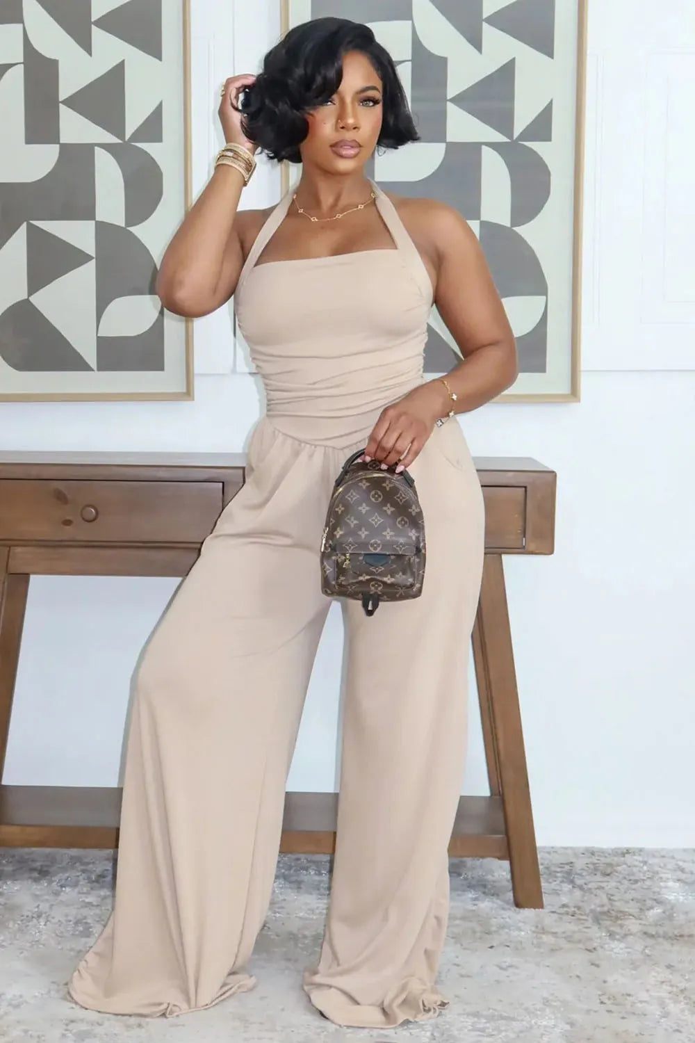 Halter Neck Ruched Side Drawstring Casual Jumpsuit-Apricot