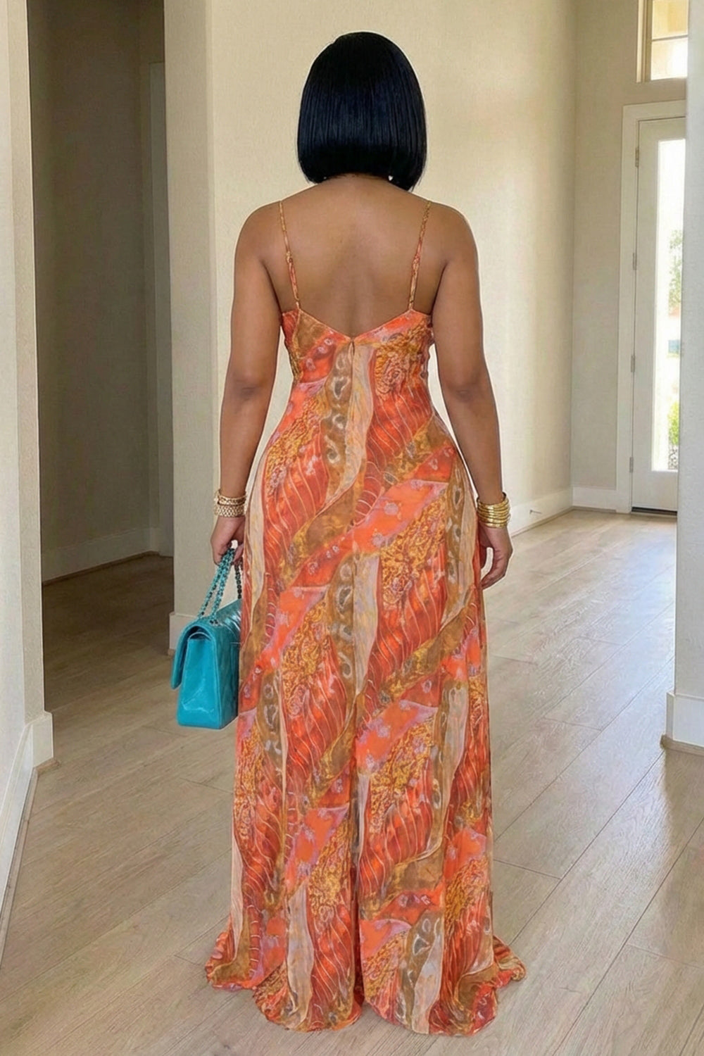 Spaghetti Strap Backless Cinch Waist Vacation Maxi Dresses-Orange