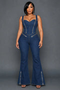 Wide Straps Sweetheart Neck Zipper Denim Flare Leg Jumpsuit-Blue