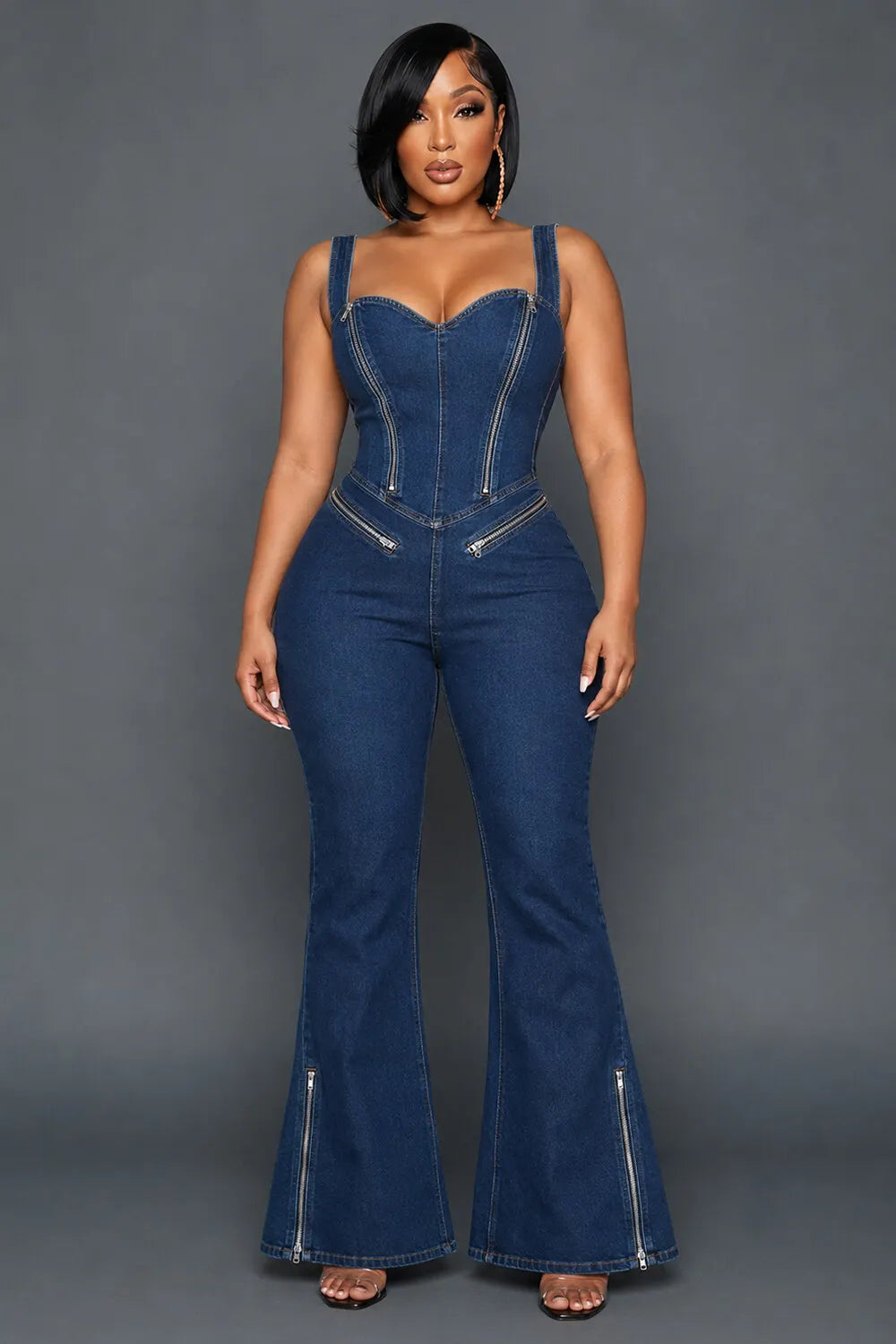 Wide Straps Sweetheart Neck Zipper Denim Flare Leg Jumpsuit-Blue