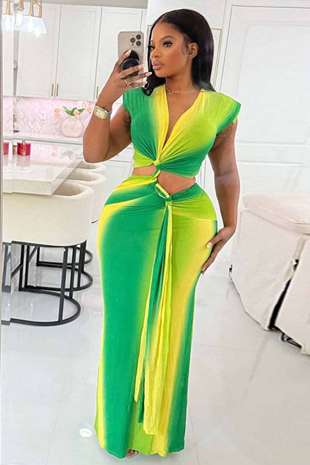 Ombre Color V Neck Cut Out Twisted Knot Bodycon Vacation Maxi Dresses-Green