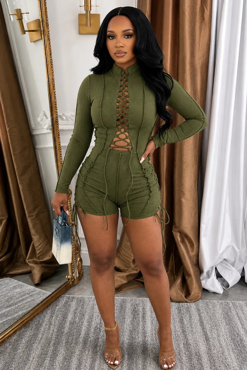 High Neck Long Sleeve Tie Up Solid Color Bodycon Casual Romper Playsuit-Green