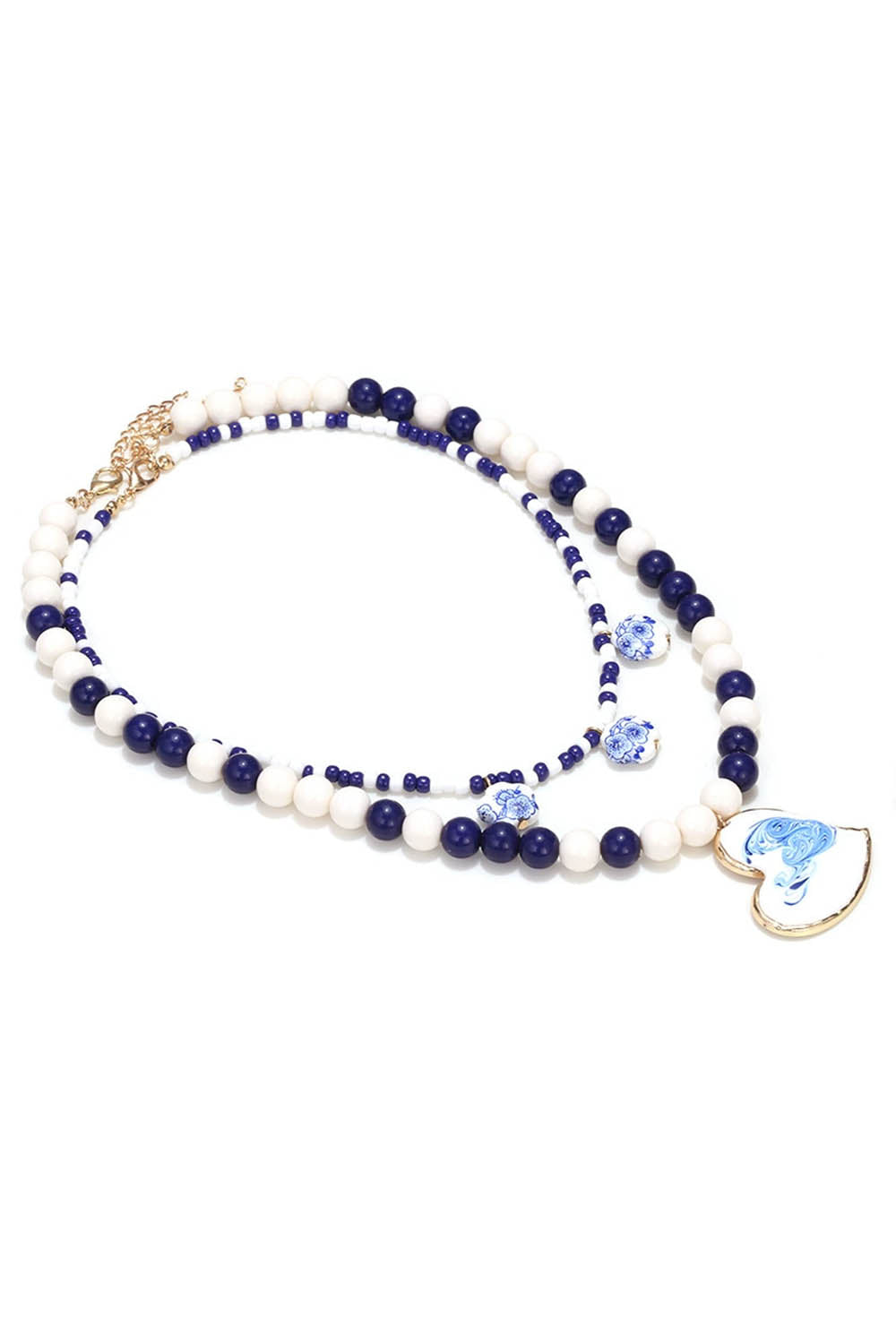 Blue And White Ceramic Bead Heart Pendant Double-Layered Necklace