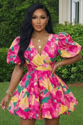 V Neck Puff Sleeve Floral Print Bubble Vacation Mini Dresses-Pink