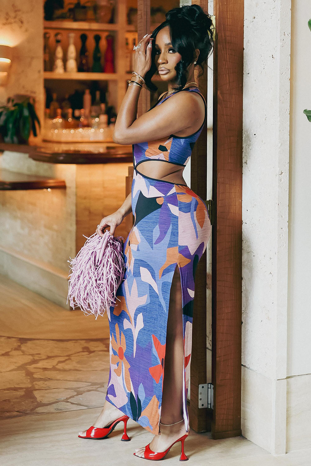 All Over Print Cut Out Slim Fit Vacation Maxi Dresses