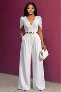 Solid Color V Neck Short Sleeve Formal Wide Leg Jumpsuit-White