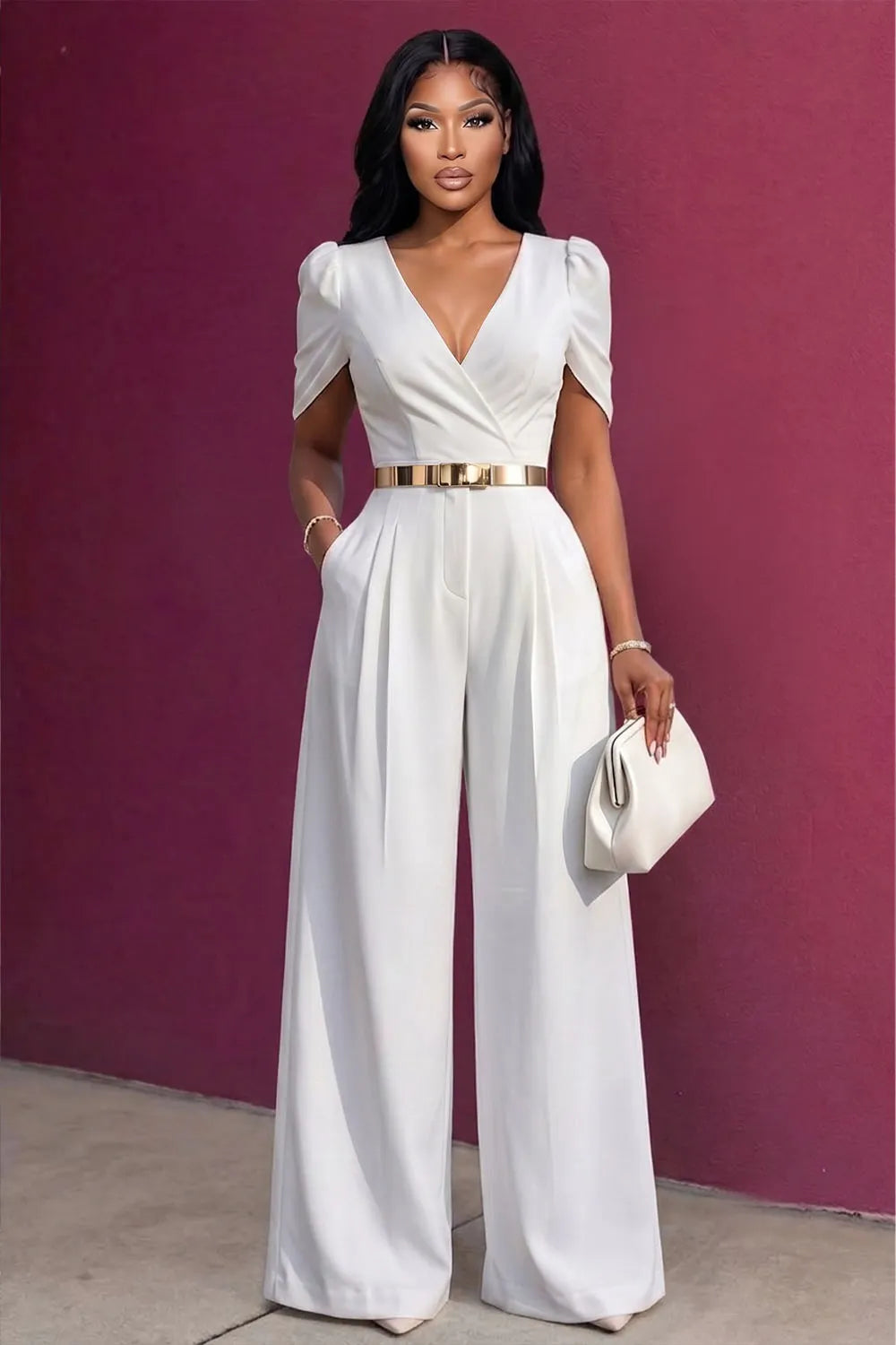 Solid Color V Neck Short Sleeve Formal Wide Leg Jumpsuit-White