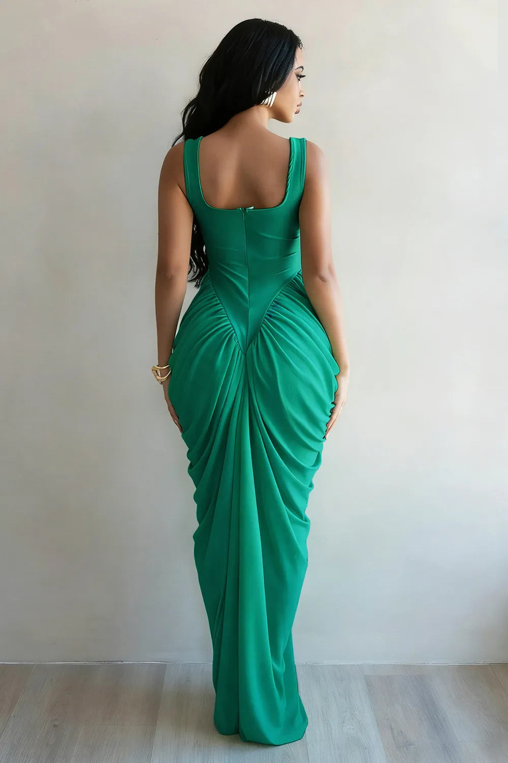 Square Neck Wide Strap Cinched Waist Ruched Bodycon Gowns Maxi Dresses-Yellow