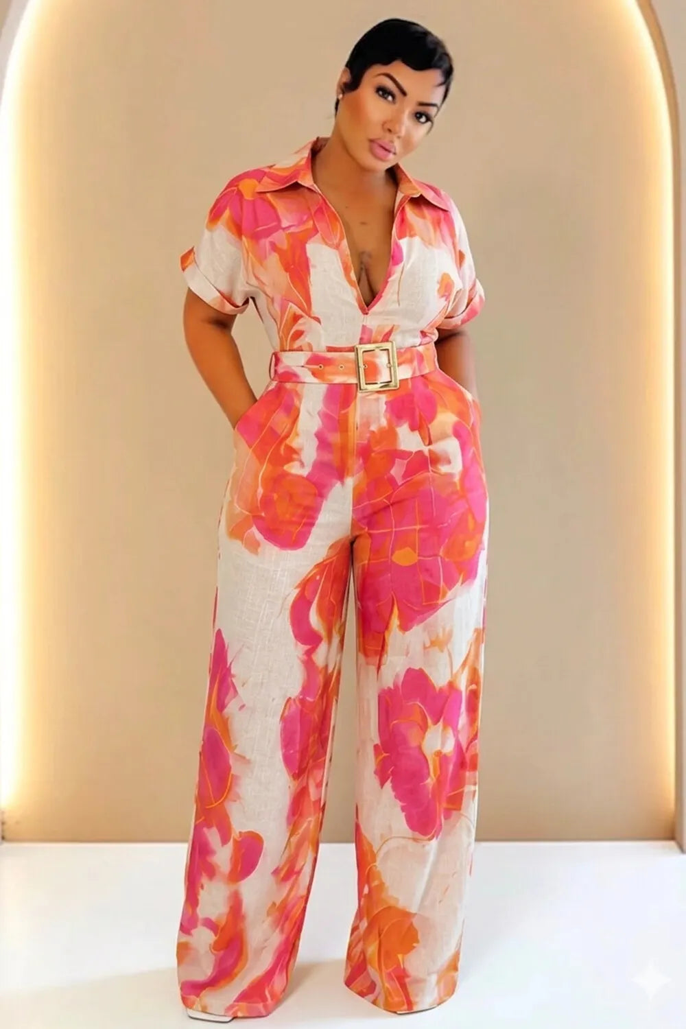 Deep V Neck Watercolor Floral Wide Leg Linen Jumpsuit