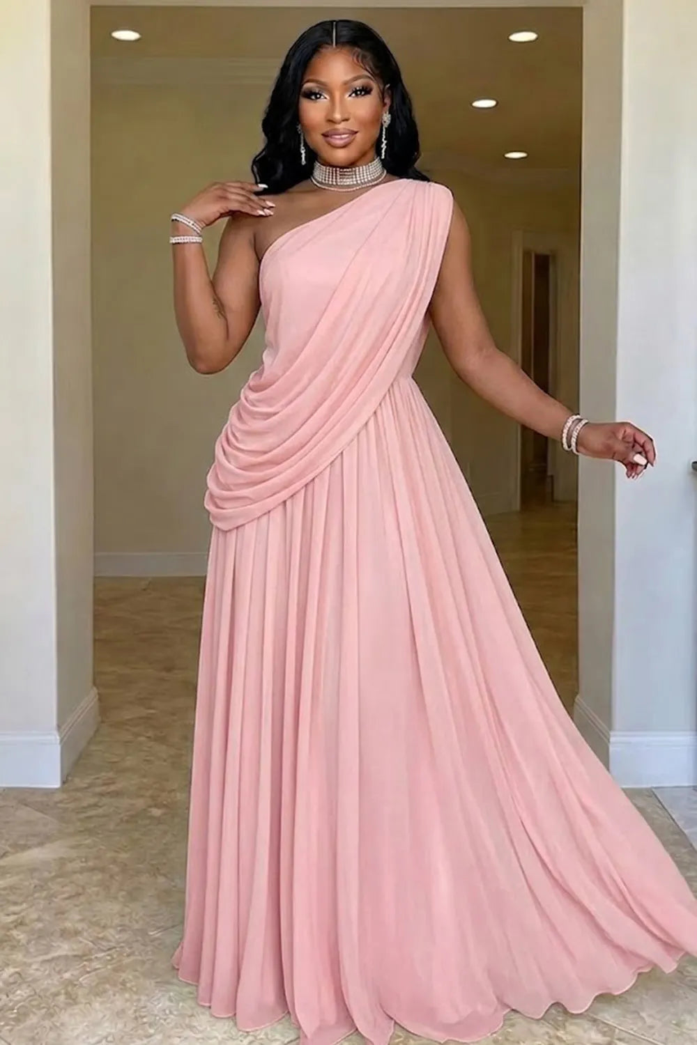 Sloping Shoulder Ruched Sleeveless Chiffon Evening Gowns Maxi Dresses-Yellow
