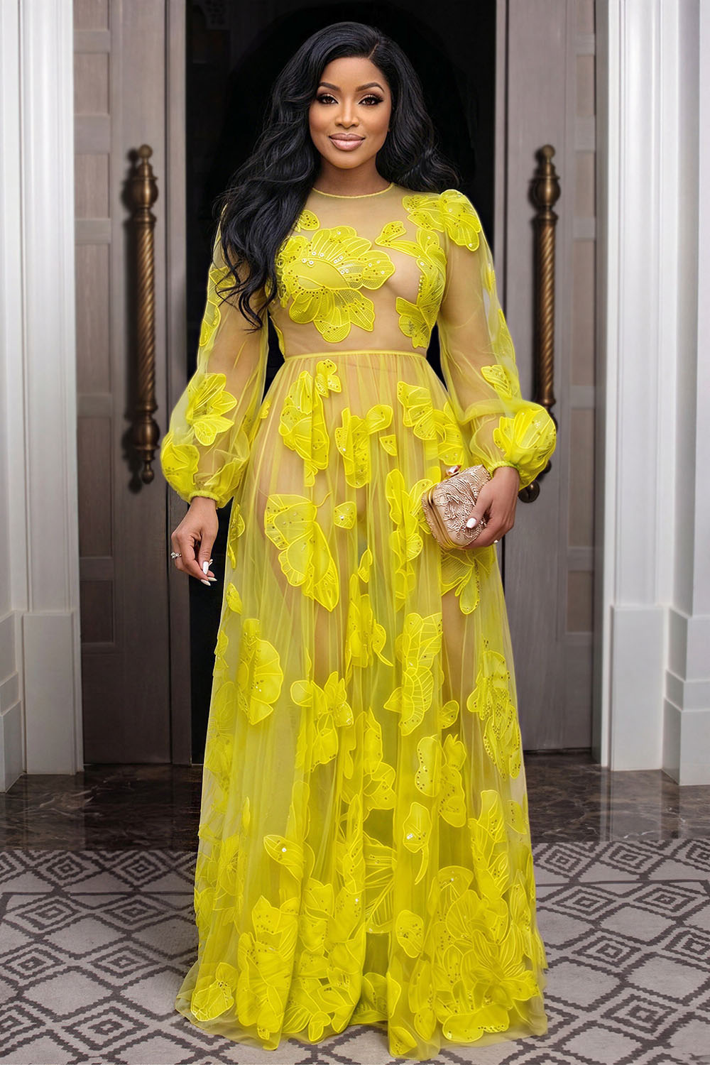 Floral See Through Mesh Long Sleeve Gowns Maxi Dresses-Yellow