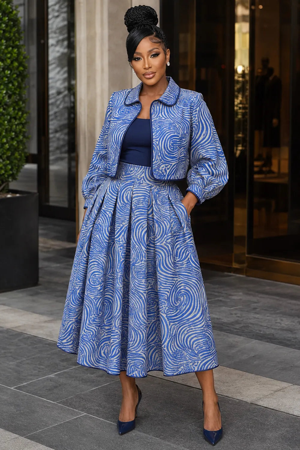Swirl Print Turndown Collar Jacket Midi Skirt 2pcs Set-Blue