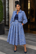 Swirl Print Turndown Collar Jacket Midi Skirt 2pcs Set-Blue