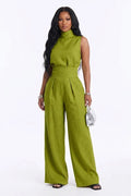 High Neck Sleeveless Top High Wasit Wide Leg Pants Casual 2pcs Set-Green