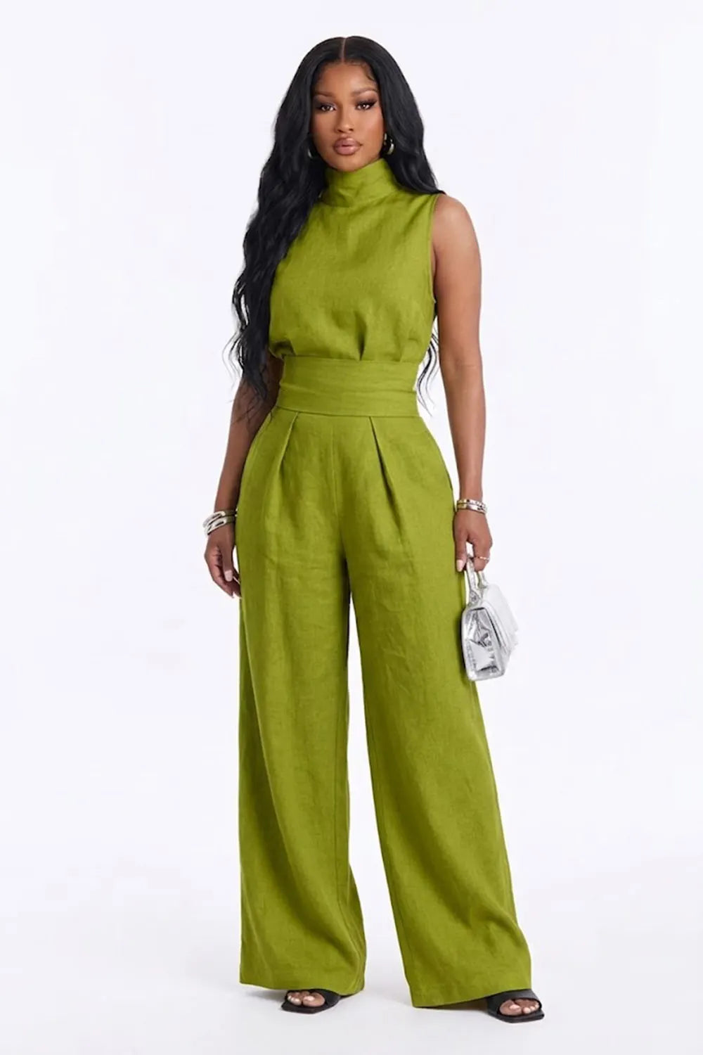 High Neck Sleeveless Top High Wasit Wide Leg Pants Casual 2pcs Set-Green