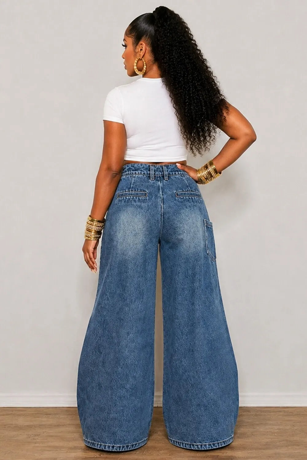 Washed Denim Asymmetrical Button Overlap Wide Leg Casual Jeans-Blue