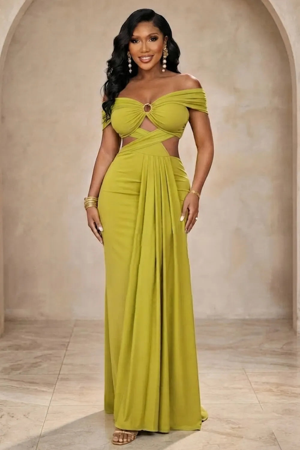 Off Shoulder Cut Out Ruched Backless Wedding Maxi Dresses-Green