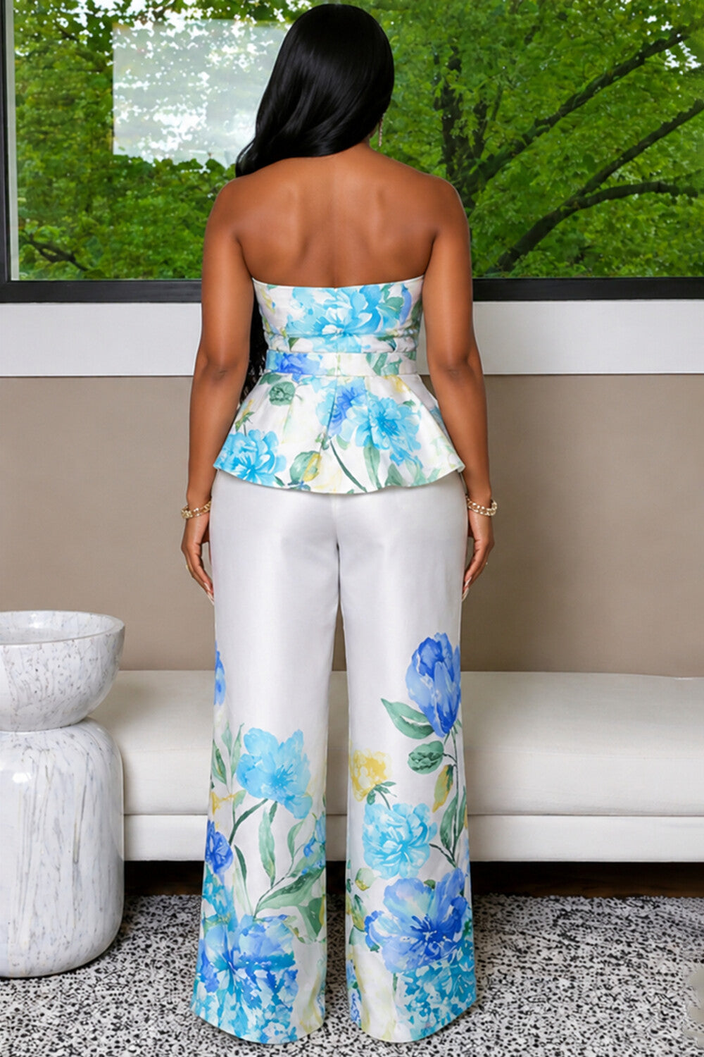 Floral Print Strapless Top Wide Leg Pants Casual 2pcs Set-Blue